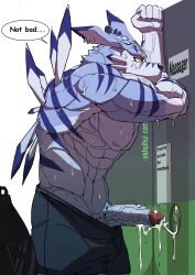 abs absurd_res anthro asiahao520 bandai_namco bodily_fluids cum digimon digimon_(species) genital_fluids glory_hole hi_res leaking_cum male muscular muscular_anthro muscular_male nipples pecs solo sweat vein veiny_muscles weregarurumon