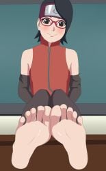 1girls barefoot black_eyes black_hair blush boruto:_naruto_next_generations clothing desk feet female female_focus female_only foot_fetish foot_focus glasses indoors kunoichi looking_at_viewer naruto ninja presenting_feet rantuahelax sarada_uchiha short_hair sitting smile soles solo teenage_girl toes