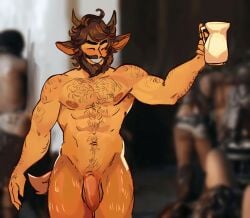 alcohol beard bearded big_penis curly_hair drinking facial_hair faun flaccid flaccid_penis george_(character) goat_ears goat_horns greek hairy hairy_arms hairy_chest hairy_male happy male male_only manly messy_hair muscle muscular muscular_male mythological_creature satyr scruffy scruffy_beard smile smiling smooth_penis thick_penis tkrmzadopts_(artist) uncircumcised wine