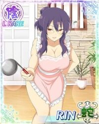 1girls apron breasts fu-reiji glasses holding_ladle ladle large_breasts looking_at_viewer naked_apron painted_fingernails ponytail potted_plant purple_hair red_eyes rin_(senran_kagura) senran_kagura suzune_(senran_kagura) window wooden_floor