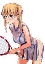 blonde_hair blush bra bra_visible_through_clothes dripping_wet frilled_panties hair_ornament hoshizora_kimika ishizaka_ryuudai kimika-san_no_sweets_match lingerie panties panties_visible_through_clothing see-through_clothing skirt sportswear tennis_racket tennis_uniform twintails wet_clothes