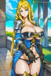 agrias_oaks ai_generated armor big_breasts blonde_hair blue_eyes breasts female_knight final_fantasy final_fantasy_tactics final_fantasy_tactics_(original) huge_breasts large_breasts looking_at_viewer marbleshoot panties revealing_clothes