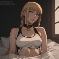 ai_generated alternate_hair_color bed bedroom blonde_female blonde_hair blonde_hair_female blue_eyes breasts chainsaw_man choker clothing collar female female_human female_only girl makima_(chainsaw_man) nipple_bulge patreon patreon_logo patreon_url patreon_username sheets smile sports_bra sportswear subscribestar subscribestar_logo subscribestar_url subscribestar_username tag_your_posts