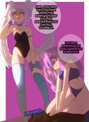 2girls artist_name aura_(sousou_no_frieren) bangs blue_eyes breasts bunnysuit choker dialogue english_text female female_focus female_only frieren frimmel green_eyes long_hair medium_breasts multiple_girls purple_background purple_hair simple_background small_breasts sousou_no_frieren speech_bubble tears text thick_thighs thighhighs thighs twintails underwear white_hair