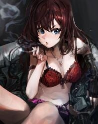 1girls blue_eyes bra calvin_klein cigarette cleavage collarbone female female_only ichinose_shiki idolmaster idolmaster_cinderella_girls jeonghee1414 light-skinned_female light_skin lingerie long_hair medium_breasts money necklace reclining sitting smoking solo tattoo tattoos underwear underwear_only white_skin wide_hips young