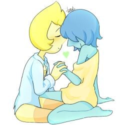 1girls 2girls blonde_hair blonde_hair_female blue_hair blue_pearl_(steven_universe) blue_shirt blue_skin closed_eyes clothed clothing color couple cute digital_drawing_(artwork) digital_media_(artwork) eyes_covered fanart female female/female female_only gem_(species) girls hair_over_eyes holding_hands legs_together legwear love lovers loving_gaze not_ai_generated oversized_clothes romantic_couple safe safe_for_work shaded short_hair sitting sitting_on_floor smiling smiling_at_partner steven_universe suggestive touching yellow_pearl_(steven_universe) yellow_skin yellow_sweater yuri