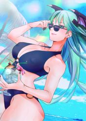 1girls adjusting_eyewear bat_wings beach bikini black_nails breasts cup darkstalkers female green_eyes green_hair head_wings holding holding_cup long_hair looking_at_viewer looking_over_eyewear looking_over_sunglasses morrigan_aensland palm_tree rosie_rosie succubus sunglasses swimsuit tinted_eyewear tree wings