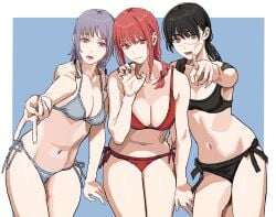 3girls big_breasts bikini black_hair blush breasts chainsaw_man fami_(chainsaw_man) female female_focus female_only grey_hair light-skinned_female light_skin long_hair looking_at_viewer makima_(chainsaw_man) mitaka_asa open_mouth posing red_hair scar_on_face shiren smile smiling smiling_at_viewer swimsuit v yoru_(chainsaw_man)