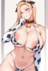 ai_generated atm-dragon bell_collar big_breasts blonde_hair collar cow_bikini cow_ears cow_horns cow_print huge_breasts kurashiki_reina large_breasts saimin_seishidou slut