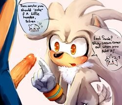 amber_eyes anthro balls blue_hair blush chest_tuft confused cum dialog dragonichigo fur furry gloves hair hedgehog innocent male male_only multiple_males no_humans penis poke sega sex silver_the_hedgehog sonic_(series) sonic_the_hedgehog tailwag text video_games yaoi yellow_eyes