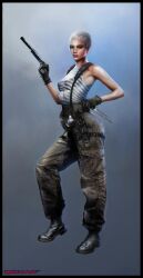 blue_eyes breasts female gloves gray_hair gun high_resolution knife looking_at_viewer metal_gear metal_gear_solid nipples_visible_through_clothing olga_gurlukovich pants scar scar_on_face short_hair slim_waist solo standing tagme tomboy very_short_hair weapon