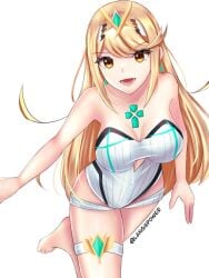 1girls blonde_hair breasts core_crystal covered_navel earrings langspower large_breasts long_hair looking_at_viewer mythra nintendo one-piece_swimsuit open_mouth swimsuit thigh_strap tiara white_one-piece_swimsuit white_swimsuit xenoblade_(series) xenoblade_chronicles_2 yellow_eyes