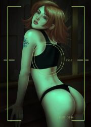 ass black_panties black_underwear blue_eyes bra camera_view female half-closed_eyes lips looking_at_viewer medium_hair meryl_silverburgh metal_gear metal_gear_solid orange_hair panties solo tagme tattoo thighs underwear