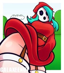 barely_contained belt big_breasts blue_hair breasts clothes_pull embarrassed eyelashes galaxee_nut hands_on_crotch heart-shaped_pupils heart_eyes holding_skirt holding_skirt_down hood hood_up hoodie looking_at_viewer looking_down mario_(series) mask masked masked_female nintendo open_mouth sfw shy shy_gal skirt skirt_lift solo solo_female stockings super_mario_bros. sweater sweater_lift sweater_only teal_hair thick_thighs thighhighs thighs upskirt white_thighhighs