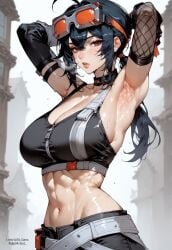 ai_generated aist_ big_breasts choker glasses grace_howard hand_behind_head heavy_breathing looking_at_viewer muscular_female orange_eyes shiny_skin sweat wet zenless_zone_zero