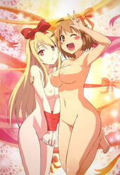 2girls abstract_background armpits blonde_hair blush_stickers bound_wrists bow breasts brown_eyes brown_hair female hair_bow hairbow hairless_armpits kamiigusa_misaki light-skinned_female long_hair multiple_girls nipples nude nude_filter nyantype open_mouth pale-skinned_female peace_sign photoshop pussy red_ribbon ribbon sakura-sou_no_pet_na_kanojo shiina_mashiro short_hair uncensored wink yuri