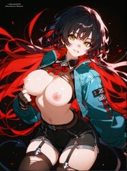 1girls ai_generated black_hair breasts female female_only jacket jacket_open jane_doe_(zenless_zone_zero) minokai nipples red_hair ripped_clothing short_shorts tail thighhighs zenless_zone_zero