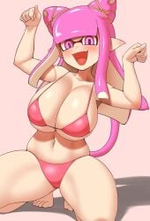 big_breasts bikini breasts cat_ears cat_tail cleavage clothing crouching female happy inkling inkling_girl large_breasts looking_at_viewer nobunagapero pink_bikini pink_bra pink_eyes pink_hair pink_panties sharp_teeth simple_background smile smiling_at_viewer solo splatoon tail