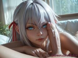 1boy 1girl1boy 1girls ahoge ai_generated alisa_mikhailovna_kujou bed big_dick big_penis close-up close_up crossed_bangs cum_on_penis dick_on_fac dick_on_face female foreskin hair_ribbon hi_res high_resolution highres ip_fox looking_at_viewer male male_pov patreon_link patreon_url patreon_username pov pov_eye_contact realistic room russian_girl silver_hair tokidoki_bosotto_russian_de_dereru_tonari_no_alya-san uncensored url watermark web_address