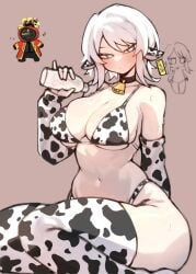 1boy 1girls ass bell big_breasts blue_eyes blush bottle choker cow_ears cow_print dante_(limbus_company) faust_(limbus_company) limbus_company looking_at_viewer partially_clothed presenting project_moon shigezie short_hair sweat thick_thighs white_hair