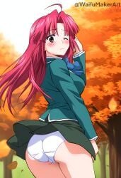 1girls ai_generated ass autumn ayano_kannagi blush cameltoe closed_mouth embarrassed female female_only hi_res high_resolution highres huge_ass kannagi_ayano kaze_no_stigma large_breasts outdoors outside panties school_uniform schoolgirl skirt skirt_lift surprised waifumakerart white_panties wind_lift windy_skirt