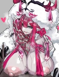 1boy baobhan_sith_(fate) baobhan_sith_(swimsuit_pretender)_(fate) baobhan_sith_(swimsuit_pretender)_(first_ascension)_(fate) bikini black_pubic_hair blush breasts cernunnos_(fate) collar condom cum_on_penis cute_fang fate/grand_order fate_(series) female fingernails grey_background grey_eyes hair_between_eyes hair_on_penis heart heart_in_eye highres huge_breasts huge_cock long_fingernails long_hair looking_at_viewer maabo_harusame male_pubic_hair middle_finger nail_polish nipples oerba_yun_fang open_mouth paizuri pale_skin penis pink_bikini pink_hair pink_nails pointy_ears pubic_hair skin_fang sling_bikini_top smile stray_pubic_hair swimsuit symbol_in_eye upper_body used_condom white_collar white_fur