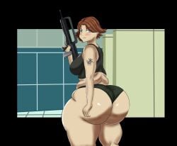 alternate_body_type ass black_border black_panties blue_eyes blush breasts brown_hair bubble_butt embarrassed fat female holding_weapon huge_ass looking_back_at_viewer meryl_silverburgh metal_gear metal_gear_solid overweight overweight_female panties short_hair solo standing tagme tattoo thick_ass thick_thighs underwear weapon wide_hips