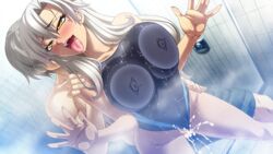 16:9 against_glass bishop breasts breasts_on_glass cum cum_in_pussy from_behind hand_on_glass happy_sex kagami large_breasts mesu_kyoushi_3 mizusawa_chisato one-piece_swimsuit shower swimsuit swimsuit_aside vaginal_penetration