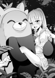 bewear breasts female greyscale highres lillie_(pokemon) long_hair looking_at_viewer monochrome outdoors pokeeti pokemon pokemon_(creature) pokephilia ponytail sex shirt skirt small_breasts stomach_bulge straight tearing_up upright_straddle v zoophilia