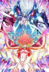 2girls blue_hair breasts female female_only frown garter_straps highres holding holding_sword holding_weapon junketsu junketsu_shinzui kill_la_kill kill_la_kill:if kiryuuin_satsuki large_breasts long_hair looking_at_viewer matoi_ryuuko multiple_girls navel revealing_clothes sebastian_von_buchwald senketsu sword thighhighs weapon wide_hips