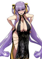 1futa bb_(fate) bb_dubai_(fate) blush breasts bulge cleavage clothed clothing dress erection_under_clothes fate/grand_order fate_(series) fully_clothed futa_only futanari huge_breasts huge_cock human light-skinned_futanari light_skin long_hair mochiume9 penis purple_eyes purple_hair solo solo_futa standing