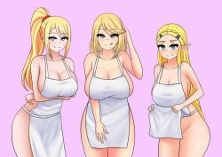 3girls apron blonde_hair blue_eyes breasts breath_of_the_wild crown_braid cynthia_(pokemon) green_eyes grey_eyes hairclip hypnosis large_breasts long_hair looking_at_viewer metroid milf mind_control mole mole_under_mouth naked_apron nintendo pokemon pokemon_dppt ponytail princess_zelda samus_aran the_legend_of_zelda the_only_shoe zelda_(breath_of_the_wild)