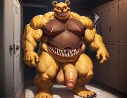 ai_generated anthro bear big_penis booster_rex brown_body brown_skin five_nights_at_freddy's five_nights_at_freddy's_4 fnaf gay male muscular nightmare_fredbear_(fnaf) penis scary scary_eyes scary_face scary_smile scottgames