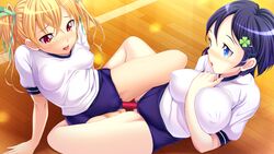 16:9 2girls arm_between_breasts between_breasts blonde_hair blue_eyes blush breasts buruburu buruma dildo erect_nipples female game_cg gym_uniform hair_ornament large_breasts legs multiple_girls open_mouth orange_eyes thighs tied_hair tribadism twintails underwear wooden_floor yuri