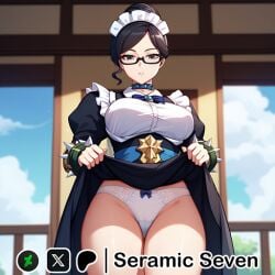 1girls 2d ai_generated big_breasts dullahan expressionless female female_focus female_only glasses large_breasts lifting_skirt maid maid_outfit maid_uniform overlord_(maruyama) seramic_seven solo solo_female solo_focus thick thick_thighs white_panties yuri_alpha