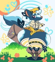 1boy animal_crossing anthro ass black_fur boots bow bowtie bulge bulge_through_clothing eckobun eyelashes femboy furry hat hips hyper_thighs kicks_(animal_crossing) large_ass male male_focus male_only nintendo overalls purple_eyes shorts skunk sticker thick_thighs thighs white_hair wide_hips