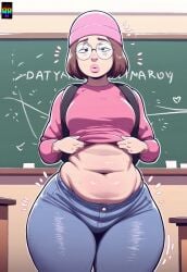 1girls ai_generated beanie beanie_hat belly belly_bulge belly_button big_hips big_lips big_waist bottom_heavy brown_hair brunette bubble_butt chubby chubby_female classroom d-art_style family_guy female female_focus glasses hat lifting_clothing lifting_shirt meg_griffin midriff navel repartz round_glasses school school_uniform schoolgirl short_hair solo solo_female solo_focus stomach thick thick_thighs white_female