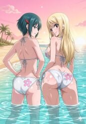 2girls ai_generated ass ass_focus back_view bare_legs bare_shoulders beach blonde_hair blue_hair blush botan_nagatsuki cleavage collarbone fairy_tail large_breasts long_hair looking_at_viewer looking_over_shoulder lucy_heartfilia medium_breasts ocean short_hair sideboob smiling standing standing_in_water string_bikini white_bikini