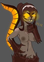 4_eyes alternate_version_available dark_nipples dark_skin glowing_eyes hand_on_hip medium_breasts minstlu minstlu_oc multi_eye multi_monster_(minstlu) nude_female pointy_teeth pressure_(roblox) searchlights_(pressure) smirking_at_viewer