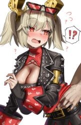 !? 1boy 1girls @_@ absurdres belt black_belt black_jacket blonde_hair blush breasts burnice_white cleavage eyewear_on_head female green_tea_(matchaistasty) hair_between_eyes highres jacket large_breasts long_hair looking_at_another looking_to_the_side navel open_mouth red-tinted_eyewear red_eyes sidelocks simple_background solo_focus sweatdrop tinted_eyewear upper_body white_background zenless_zone_zero