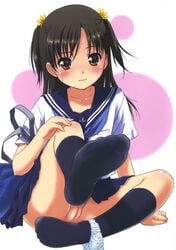 black_hair blush brown_eyes clothing feet footwear highres long_hair nonohara_miki panties panties_around_leg panties_around_one_leg pussy school_uniform sitting skirt socks uncensored underwear young