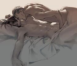 2boys bed brown_hair cum final_fantasy final_fantasy_viii hair handjob human licking lowres lying male male_only multiple_boys multiple_males nude on_back penis pillow seifer_almasy short_hair silver_hair squall_leonhart tongue yaoi