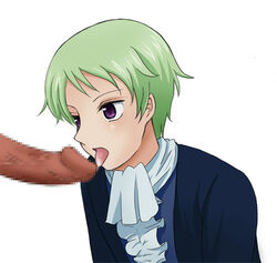 censored green_hair gundam lowres overcoat penis precum purple_eyes ribbons_almark ruffles short_hair tongue yaoi