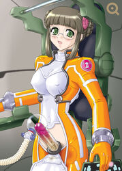 brown_hair casual clothing cockpit double_bun erection eyewear fujisawa_yayoi futanari glasses green_eyes high_resolution human intersex latex milking_machine odango pale_skin penis penis_milking penis_pump q_(artist) uchuu_no_stellvia uncensored