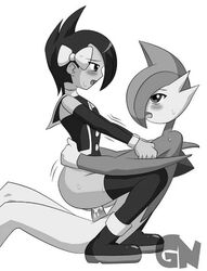 anthro blush bottomless bow clothing cowgirl_position cum cum_in_pussy cum_inside cum_on_penis female female_on_anthro female_on_top gallade girl_on_top hair hairbow hands_on_hips human interspecies looking_at_partner lowres male marley_(pokemon) monochrome nintendo on_top open_mouth penetration penis pokemon pokemon_(species) pokemon_dppt pokephilia ride riding sex shirt shoes squatting straight sweat thighhighs trembling two_tone_skin vaginal_penetration watermark