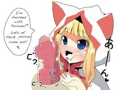 1boy 1girls artificial_vagina blonde_hair blue_eyes blush cum cum_in_mouth cumdrip devout english_text facial female final_fantasy handjob heart male penis straight text translated white_mage