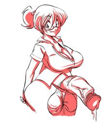 1futa 2d 2d_(artwork) balls_in_panties breasts cleavage cum futanari glasses huge_balls huge_cock human intersex large_breasts makotosama_85 monochrome no_color panties penis penis_in_panties ponytail precum smile solo solo_futa tagme veiny_penis wide_hips