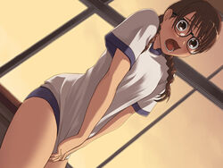 blush brown_eyes brown_hair buruma game_cg glasses gym_clothes gym_uniform nanase_ruo open_mouth real_intention tied_hair twin_braids twintails