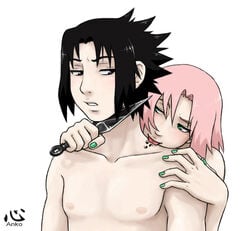 1boy 1girls anna_kokoro_(anko) female human knifepoint kunai licking male nail_polish naruto naruto_shippuden pink_hair sakura_haruno sasuke_uchiha straight straight_hair topless