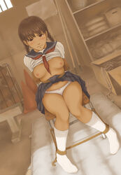 blush bondage braid braided_twintails breasts brown_eyes brown_hair copyright_request dark_skin dutch_angle footwear gym_storeroom highres imminent_rape imminent_sex kimi_kiss kneehighs mizusawa_mao nipples panties rope school_uniform serafuku shirt_lift sitting skirt skirt_lift socks suda_(yuunagi_enikki) tied_hair twin_braids twintails underwear white_panties yuunagi